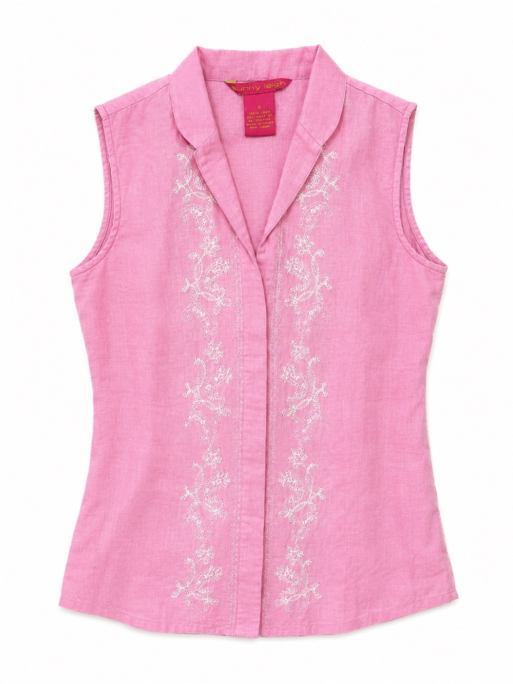 Sunny Leigh Pink Linen Embroidered Top Coastal Grandmother Boho Cottagecore S